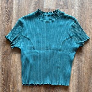 Wild Fable Teal Green Ribbed Short Sleeve Top with Ruffle Detaila